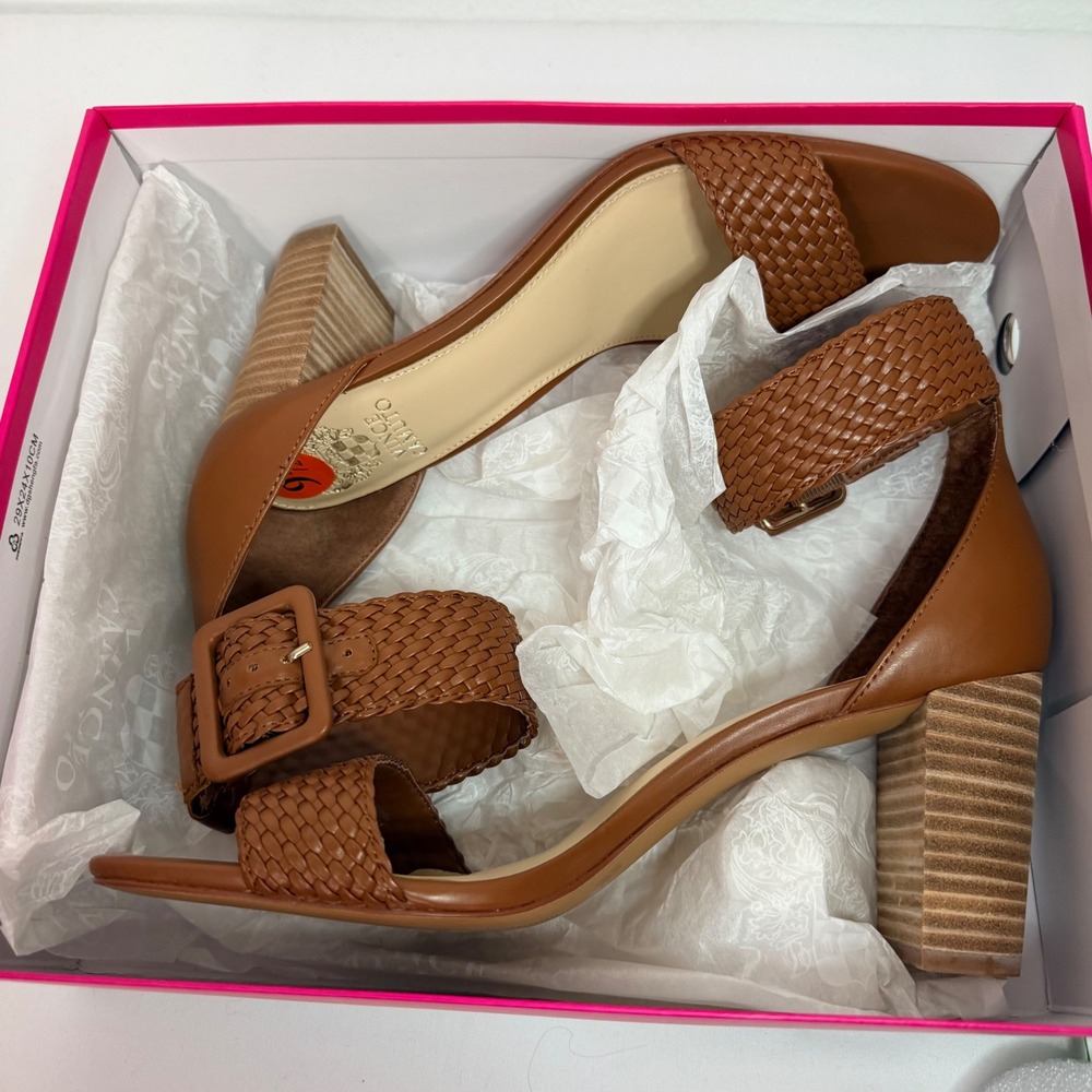 Vince Camuto Maghen Braided Leather Ankle Strap Size 9.5 Open Toe Block Heel View 2